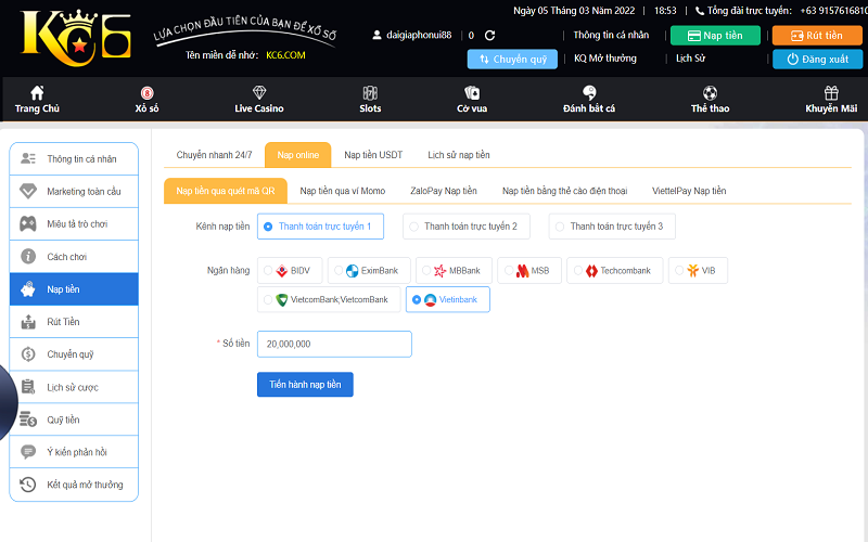 Cách nạp tiền nhà cái KC6