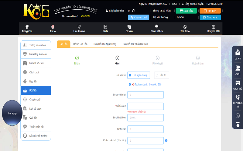 Cách rút tiền nhà cái KC6